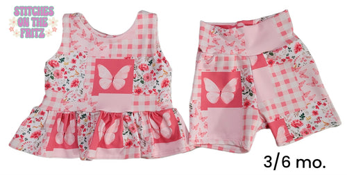 Size 3/6 month Olive Top and Aster Shorts Butterfly Floral Patchwork