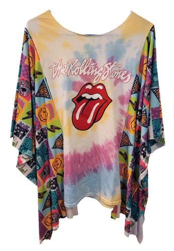 One Size Closed Upcycled Poncho Shorter Sleeves Top Rolling Stones