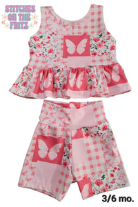 Size 3/6 month Olive Top and Aster Shorts Butterfly Floral Patchwork